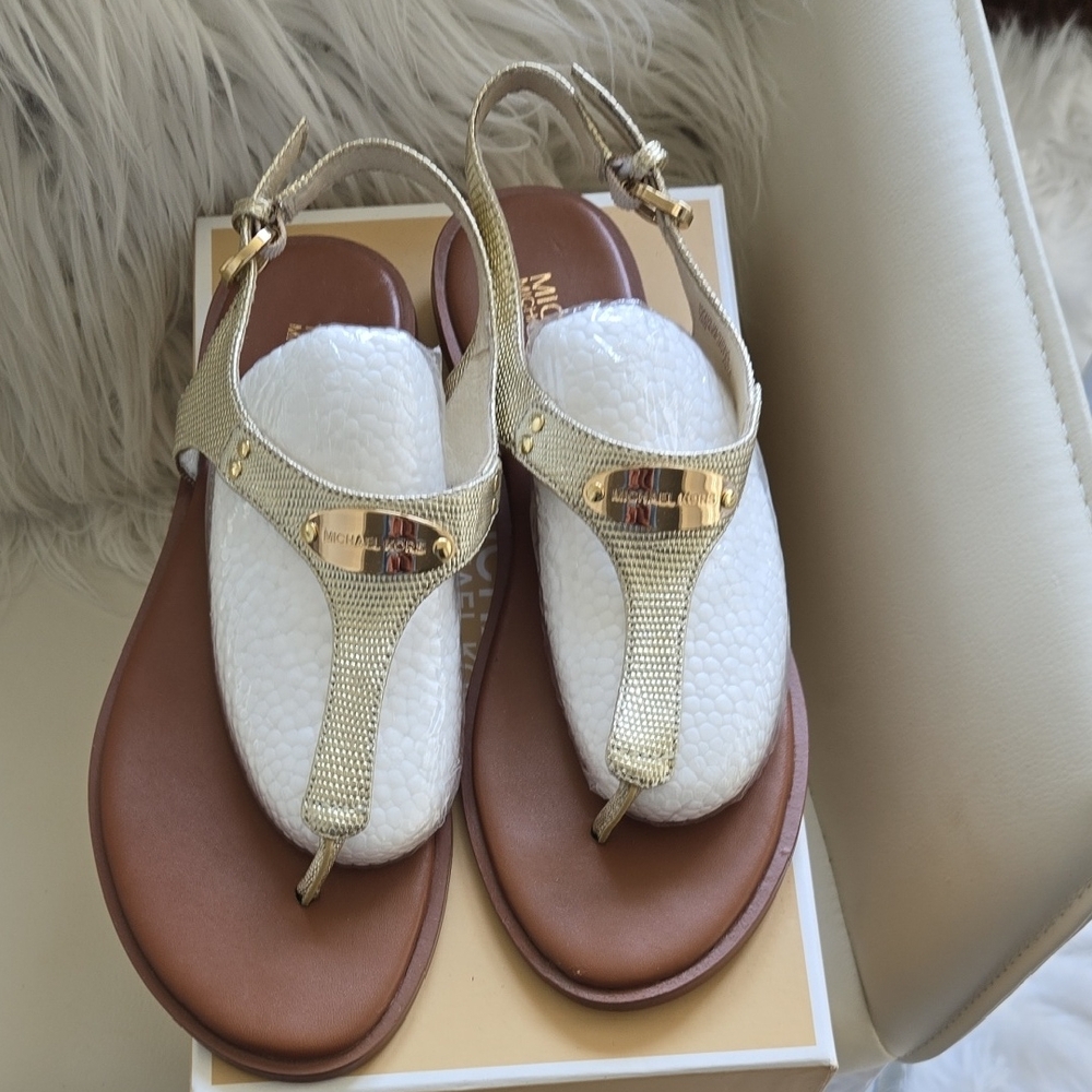Michael Kors Gold Brown Sandals with T-Strap Design